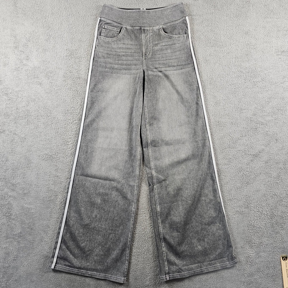 Halara Womens S Wide Leg Gray Denim Side Stripe Pull On Jeans Small Regular